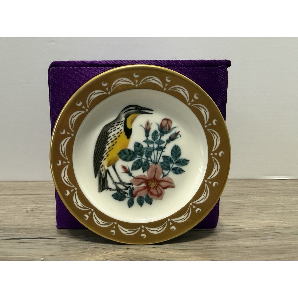 State Birds Flowers Franklin MINI Plate North Dakota Meadowlark Prairie Rose 3"